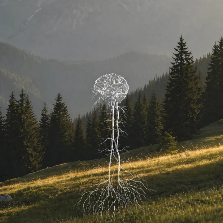Illustration of the human nervous system over a natural landscape, representing nervous system health and healthy aging