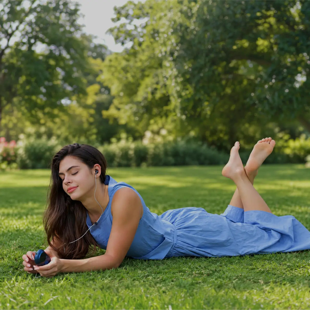 Woman relaxing outdoors while wearing an ear-based stimulation device and holding its controller