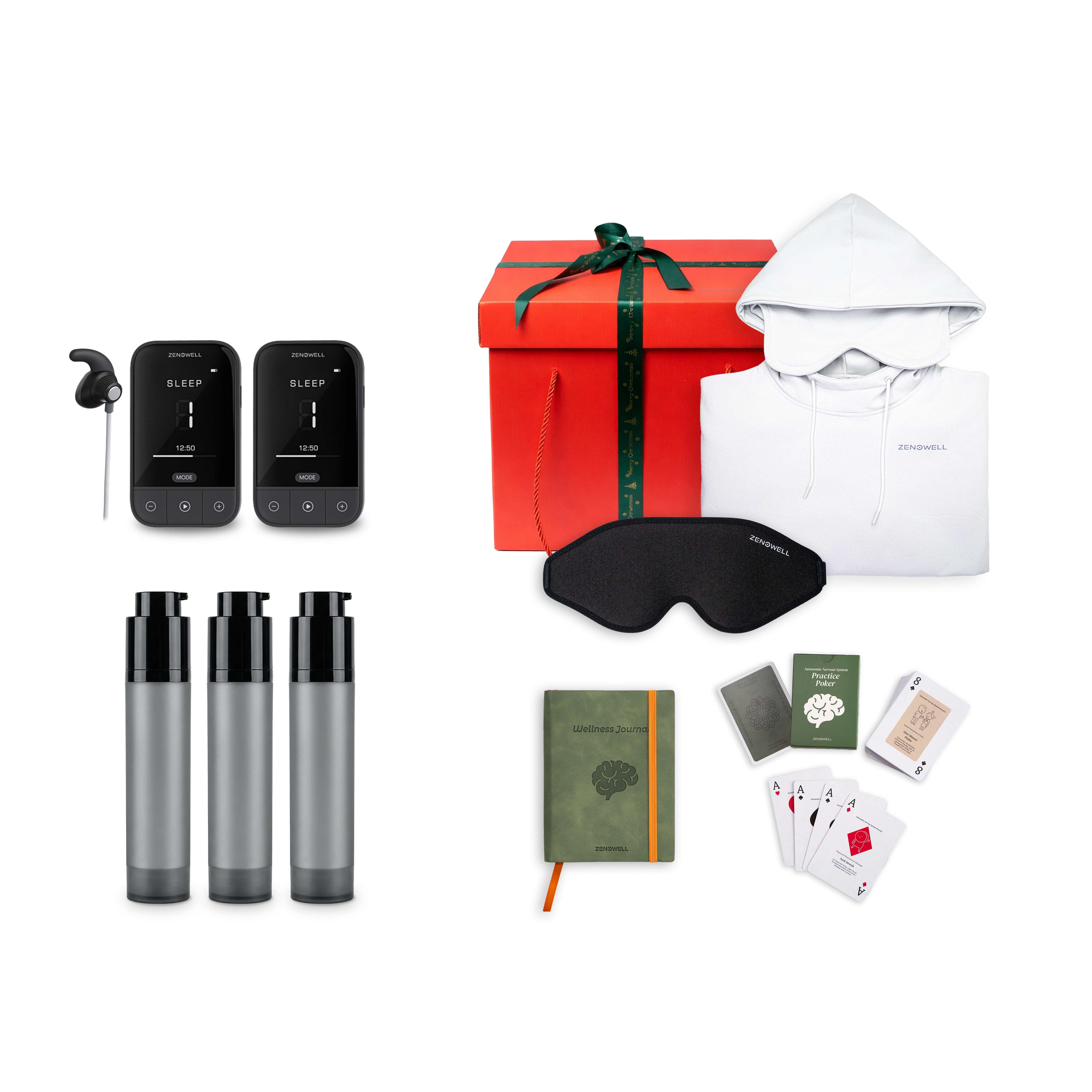 ZenoWell support pack including the gift set featuring the 2 VITA tavns devices, three gel, a hoodie, Eye Mask, Wellness Journal, Relaxation Cards, and a gift box, all designed to support relaxation, stress relief, and well-being through transcutaneous auricular vagus nerve stimulation (taVNS)