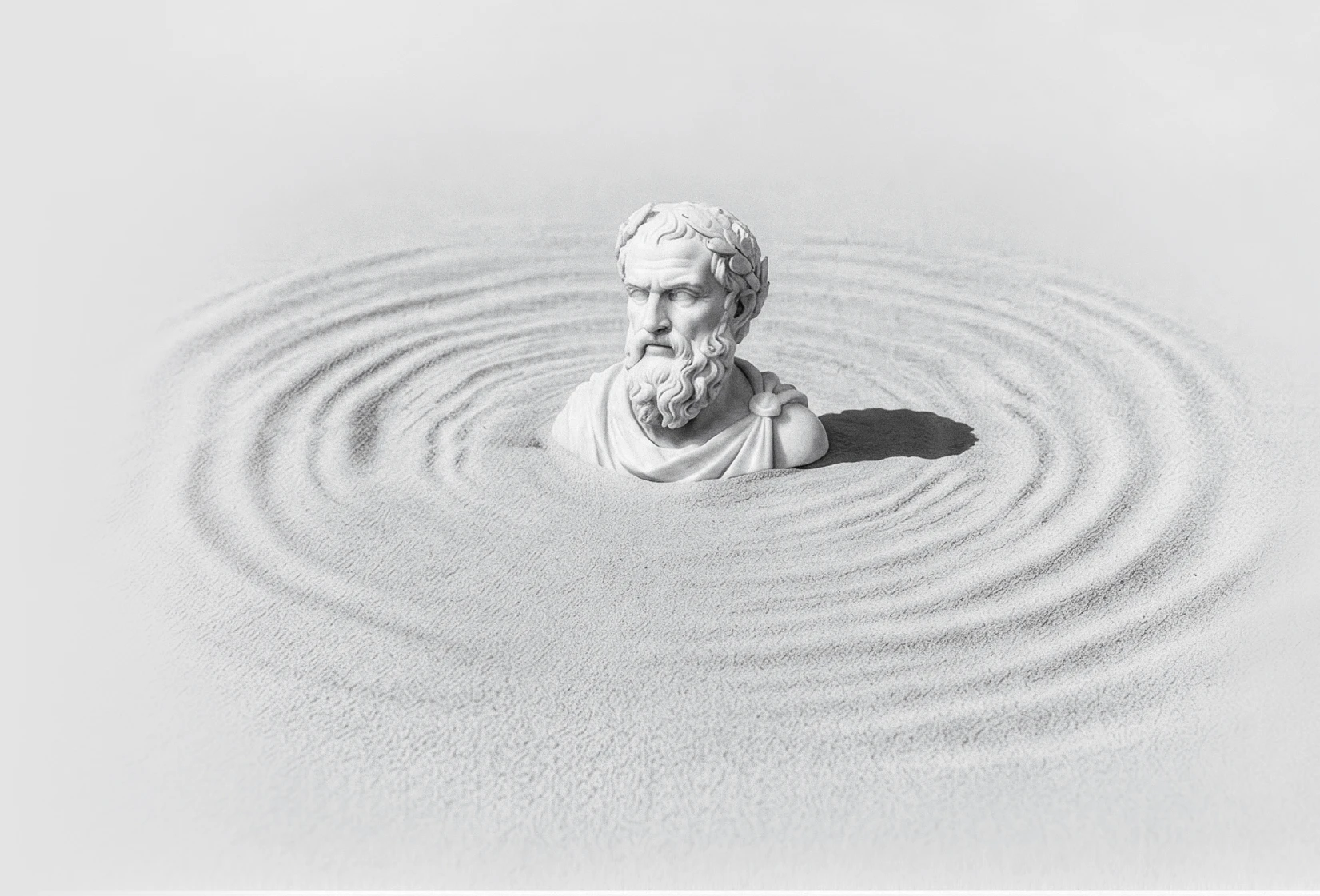 Skulptur des Philosophen Zenon in einem Feld konzentrischer Sandwellen