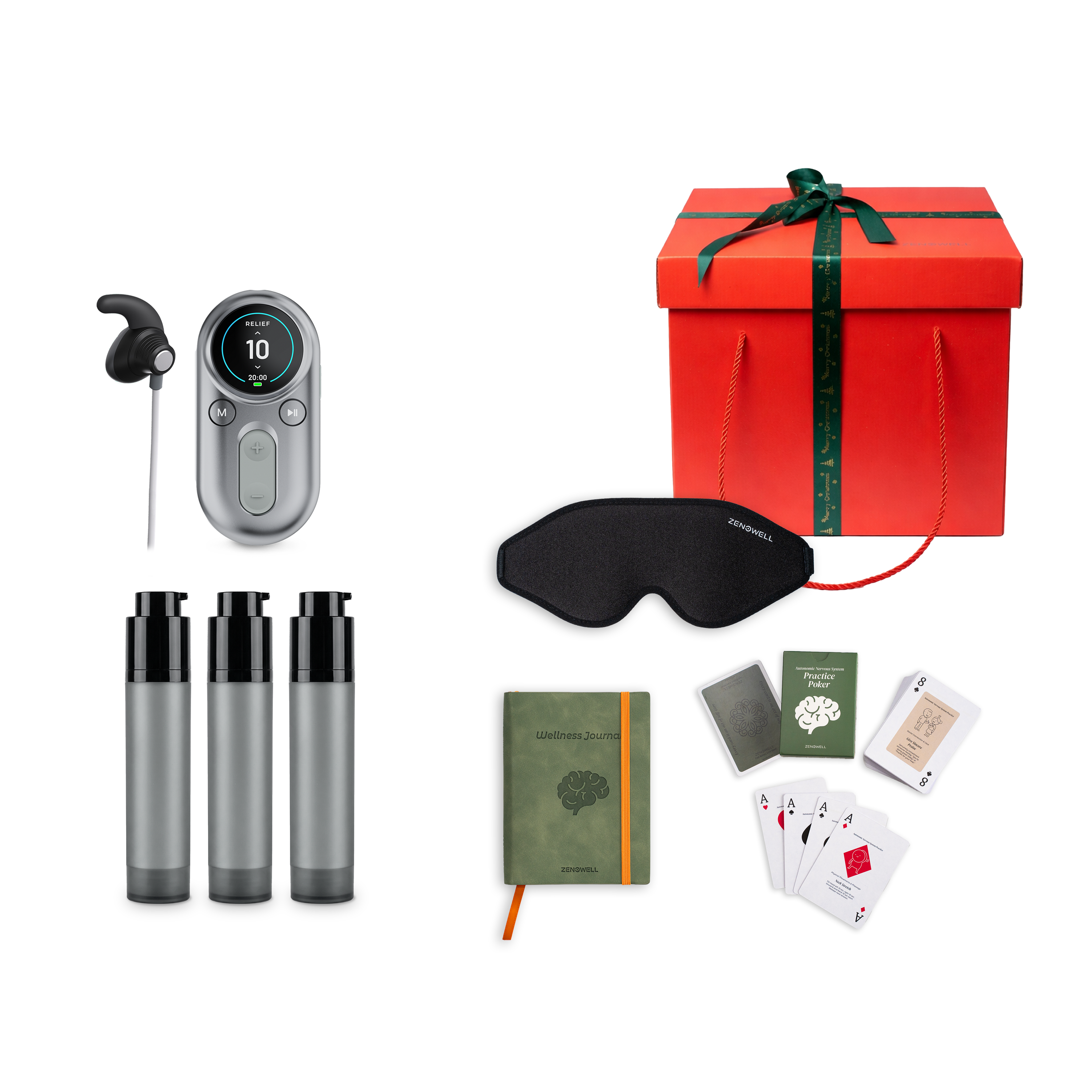 ZenoWell support pack including the gift set featuring the LUNA tavns device, three gel, Eye Mask, Wellness Journal, Relaxation Cards, and a gift box, all designed to support relaxation, stress relief, and well-being through transcutaneous auricular vagus nerve stimulation (taVNS)