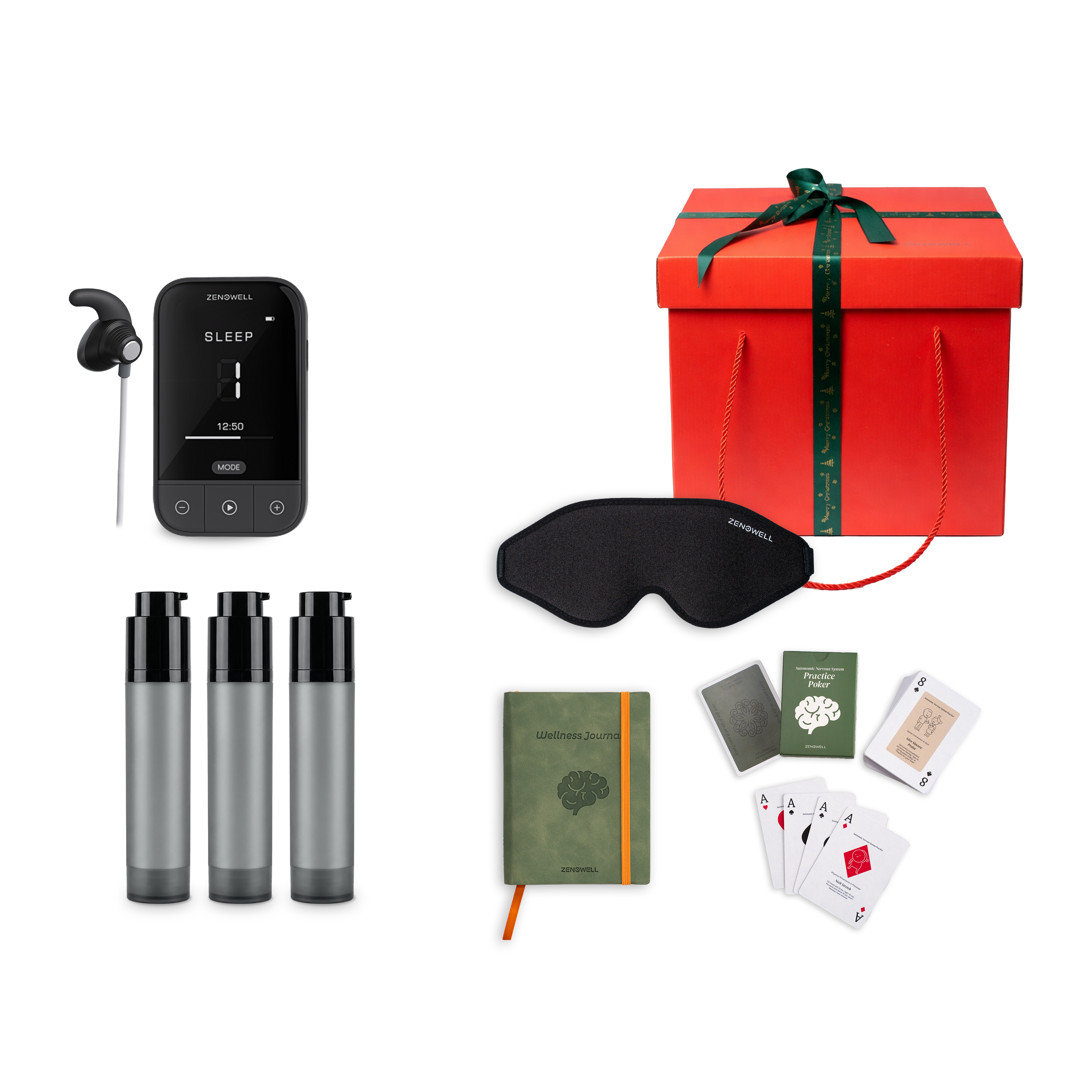 ZenoWell support pack including the gift set featuring the VITA  tavns device, three gel, Eye Mask, Wellness Journal, Relaxation Cards, and a gift box, all designed to support relaxation, stress relief, and well-being through transcutaneous auricular vagus nerve stimulation (taVNS)