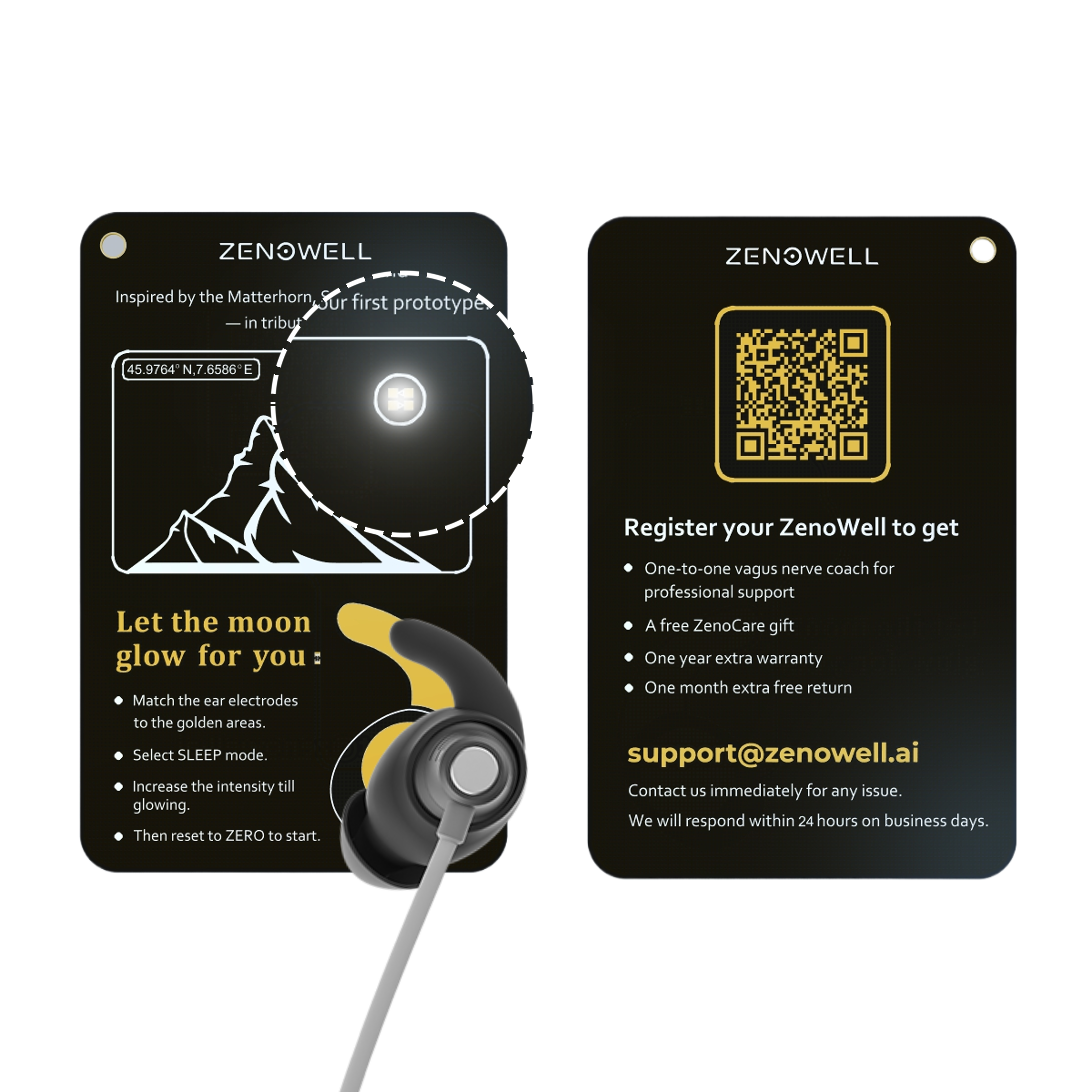 ZenoWell warranty card inspired by thoughtful design, featuring product registration details and customer support access